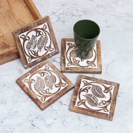 Indian Modern Wooden Coasters for Decor - Pack of 4